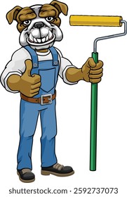 A bulldog painter decorator handyman cartoon construction man mascot character holding a paint roller tool