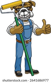 A bulldog painter decorator handyman cartoon construction man mascot character holding a paint roller tool