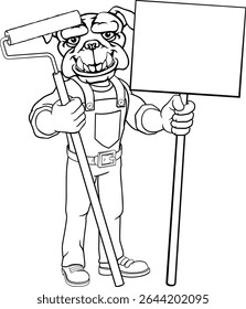 Um pintor bulldog decorador handyman desenho animado homem de construção mascote personagem segurando uma ferramenta de rolo de tinta