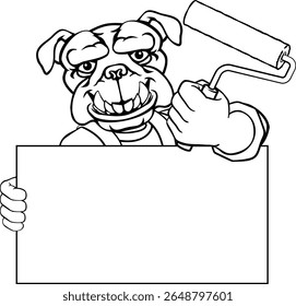 A bulldog painter decorator handyman cartoon construction man mascot character holding a paint roller tool