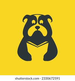 bulldog pets dog reading book study smart mascot cartoon flat modern logo icon vector illustration