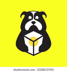 bulldog pets hold lamp light idea dream mascot cartoon simple logo icon vector illustration