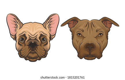 Bulldog and Pit Bull Terrier Muzzle with Fur Vector Set