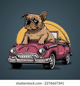 Bulldog Pitbull Riding Open Roof Car Vector Artwork Illustration
