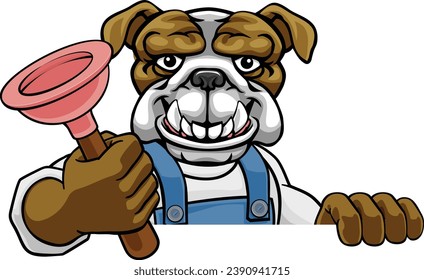 A bulldog plumber dog cartoon mascot holding a plunger peeking round a sign