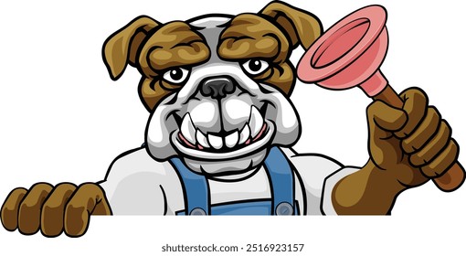 Um mascote de desenho animado de cachorro encanador bulldog segurando um êmbolo espiando em torno de um sinal