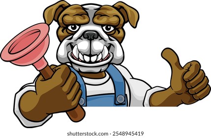 Um mascote de caricatura de cachorro encanador bulldog segurando um êmbolo espiando em volta de um sinal dando um polegar para cima