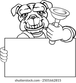 A bulldog plumber handyman plumbing construction cartoon mascot man holding a drain plunger tool.
