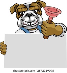 A bulldog plumber handyman plumbing construction cartoon mascot man holding a drain plunger tool.
