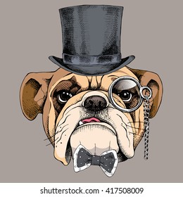 Bulldog portrait in a bowler hat, with a tie and monocle. Vector illustration.