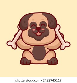 Bulldog puppy holding bone cartoon animal illustration