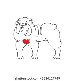 Bulldog with a red heart.. English Bulldog vector Dog portrait. Continuous line. Dog line drawing