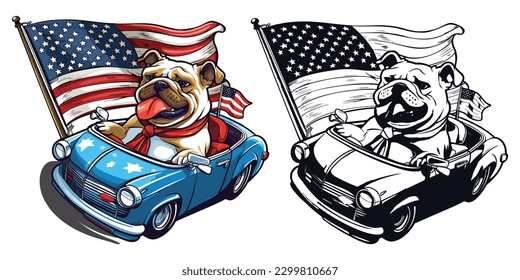 A bulldog riding a motorcycle with usa flag.Illustration of T-shirt design graphic.	
