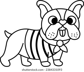 Bulldog con bufanda y camisa de rayas. Ilustración del vector animal doméstico blanco y negro. Icono de carácter de perro de línea o página de color. Imagen de símbolo francés
