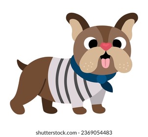 Bulldog con bufanda y camisa de rayas. Ilustración vectorial de animales domésticos. Icono de carácter de perro lindo aislado en fondo blanco. Imagen de símbolo francés
