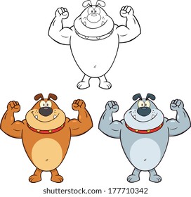 Bulldog Showing Muscular Arms Cartoon Mascot Characters. Vector Collection Set