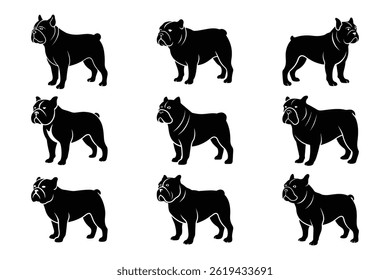 Bulldog Silhouette Set Collection Various Poses Black Vector Illustration Bundle