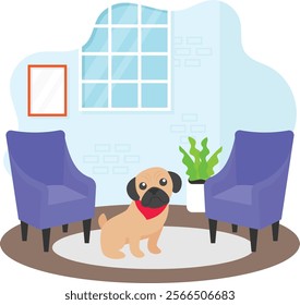 Bulldog Sitting between arm chair on Doggy Pad concept, Sanctuary Room for Your Newly Adopted puppy vector design, Pet foster and hotel Symbol, kennel animal Sign Human-animal interaction illustration