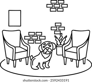 Bulldog Sitting between arm chair on Doggy Pad outline concept, Sanctuary Room for Your Newly Adopted puppy vector design, Pet foster and hotel Symbol, kennel animal Sign Human-animal interaction