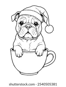 Bulldog Sentado em uma xícara de Natal colorir página sobre um fundo branco