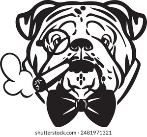 Bulldog smokes cigar portrait line drawing isolated on white background.