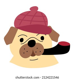 Bulldog with smoking pipe looks like detective. Vector isolated illustration.