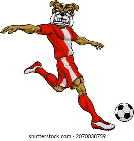 A bulldog soccer football player cartoon animal sports mascot kicking the ball