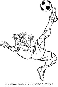 A bulldog soccer football player cartoon animal sports mascot kicking the ball
