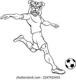 A bulldog soccer football player cartoon animal sports mascot kicking the ball