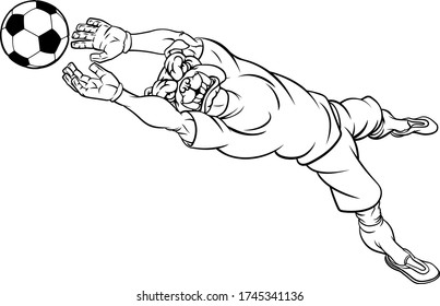 A bulldog soccer football player goal keeper cartoon animal sports mascot diving to catch the ball