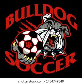 bulldog soccer team design with mascot holding ball for school, college or league