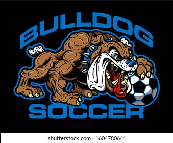 bulldog soccer team design with mascot holding ball for school, college or league