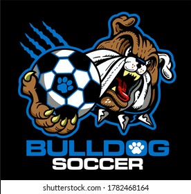 bulldog soccer team design with mascot holding ball for school, college or league