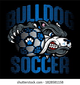 bulldog soccer team design with mascot holding ball for school, college or league