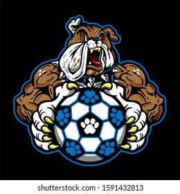 bulldog soccer team design with muscular mascot holding ball for school, college or league