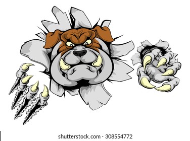 Bulldog sports mascot or animal character ripping through a wall