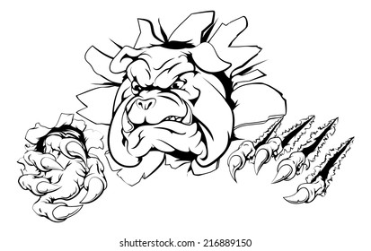 A bulldog sports mascot or character breaking out of the background or wall