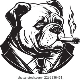 Bulldog In A Suit Smoit A Cigar Logo Monocromo Estilo De Diseño
