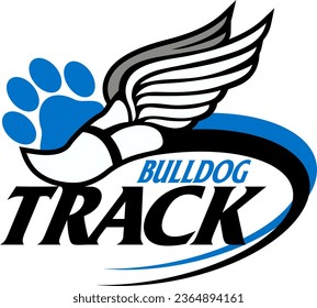 bulldog track team design with track foot and paw print for school, college or league sports
