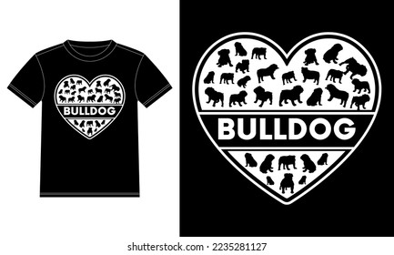 Bulldog Typography In Heart Shape Dog Lover Gifts T-Shirt design template, Car Window Sticker, POD, cover, Isolated Black Background
