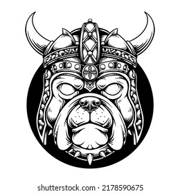 bulldog with viking helmet hand drawn vintage illustration black and white