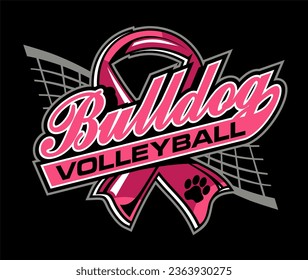 bulldog volleyball team design with pink cancer ribbon for school, college or league sports