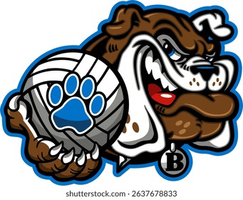 bulldog volleyball team mascot holding ball for school, college or league sports	