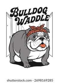 Bulldog Waddle design vetorial apresenta um buldogue com uma bandana, ideal para mercadorias, camisetas bonitas, e pacotes de adesivos.
