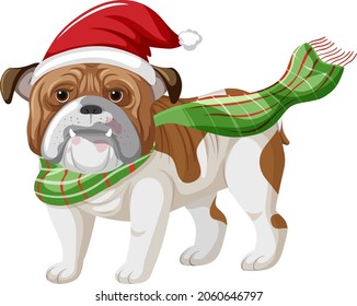 Bulldog wearing Christmas hat cartoon character  illustration