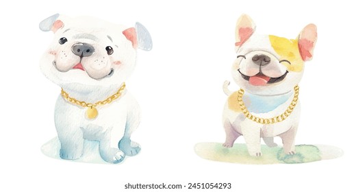 bulldog wearing gold chain watercolor vector illustration 