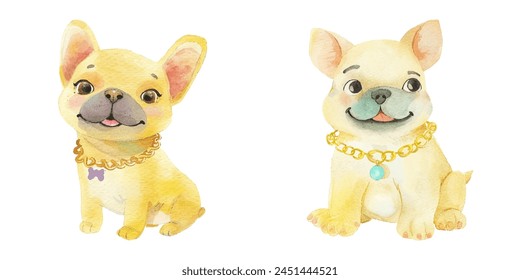 bulldog wearing gold chain watercolor vector illustration 