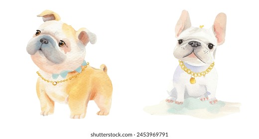 bulldog wearing gold chain watercolor vector illustration 