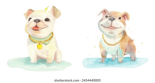 bulldog wearing gold chain watercolor vector illustration 