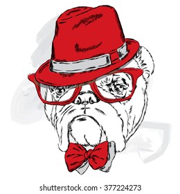 Bulldog wearing a hat with glasses and tie. Vector illustration for greeting card, poster, or print on clothes.